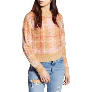 BP. Plaid Tan pink Nougat Dapper crew neck Sweater